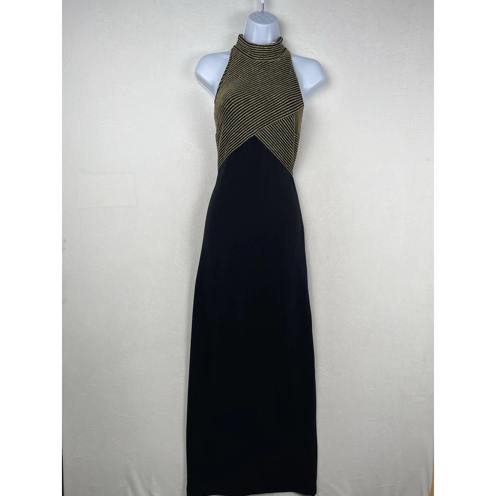 Susan Roselli Vintage 80's Glam Cocktail Fitted Maxi Gown Dress Gold Black Sz 12